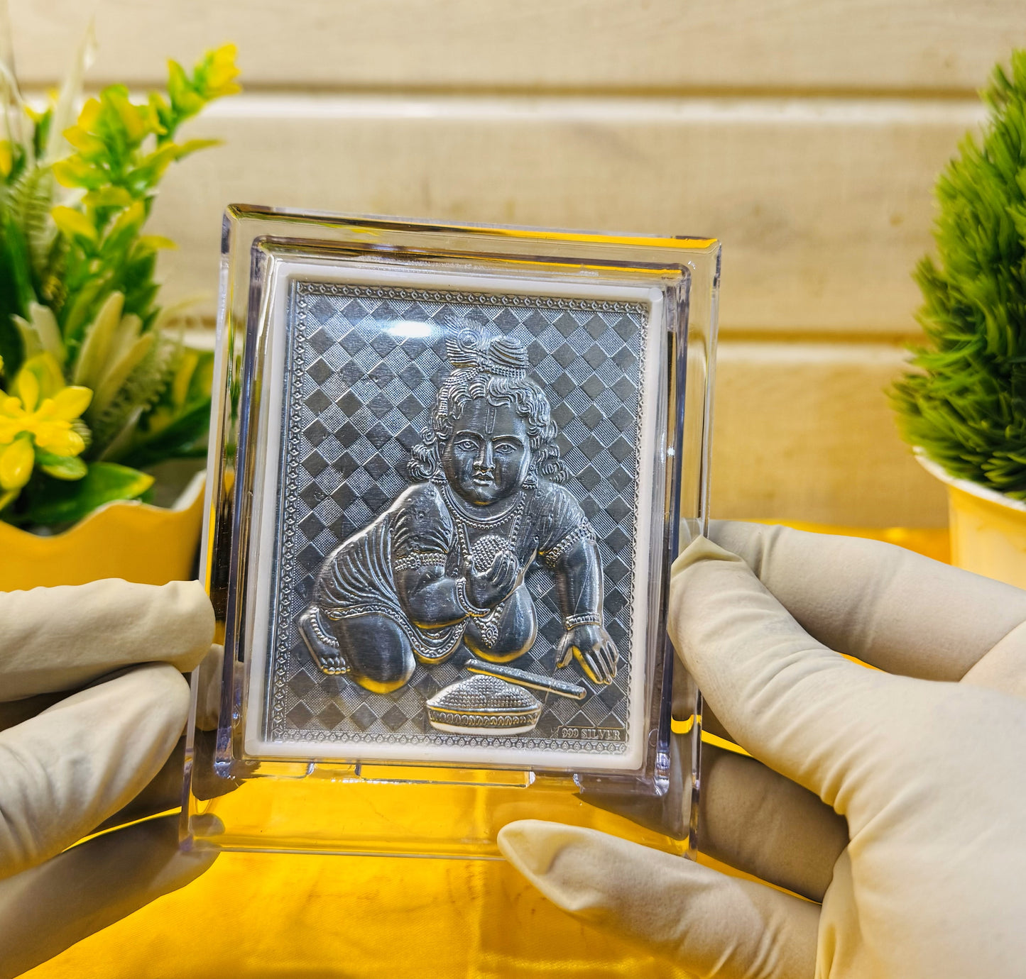 999 Silver Bal Krishna Makhan Chor Frame – Encased in Crystal