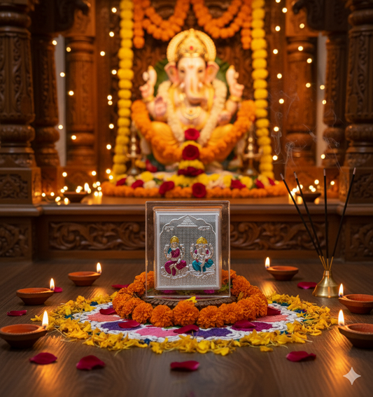 Lakshmi Ganesh Wooden Frame – 999 Pure Silver (Gold-Edge Design)