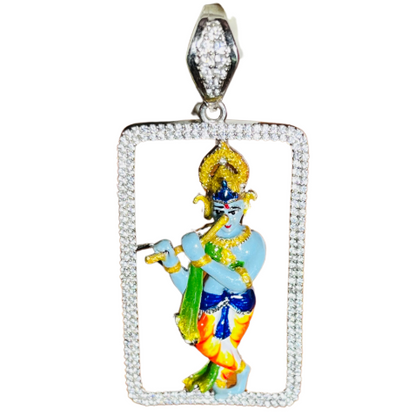 🎶 Krishna Murli Leela Pendant – 925 Pure Silver | Hand-Painted Idol with CZ Diamond Frame